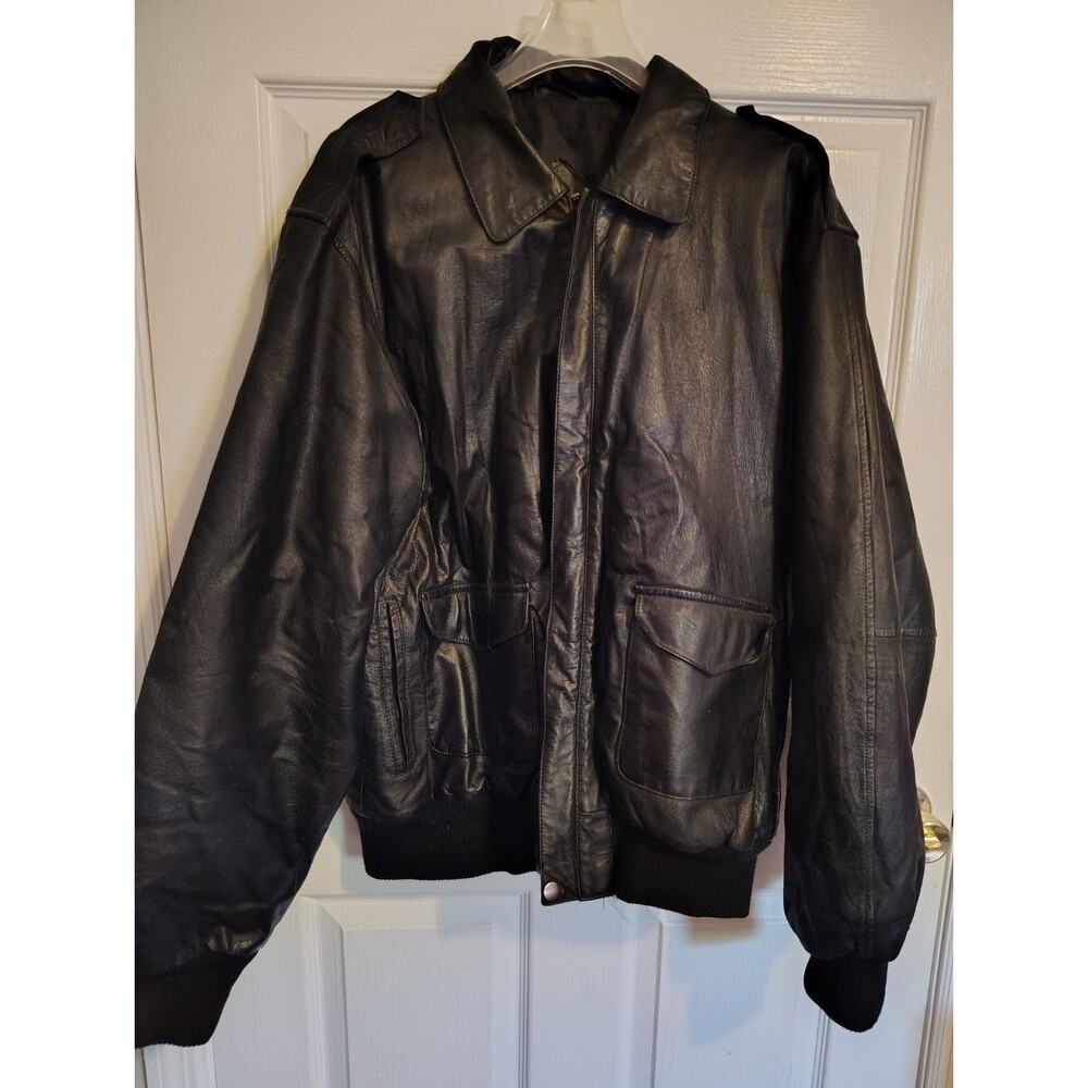 Burk's Bay Mens Black Leather Bomber Jacket Zip Point Collar Lined Pockets L